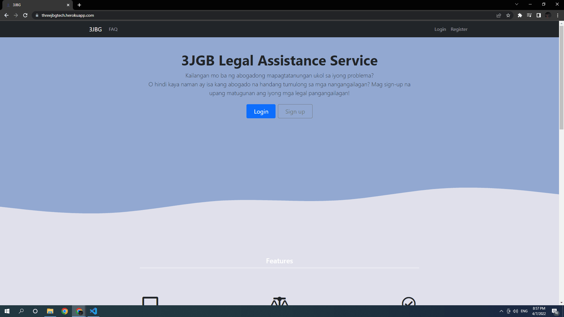 Screenshot of the landing page of legal application