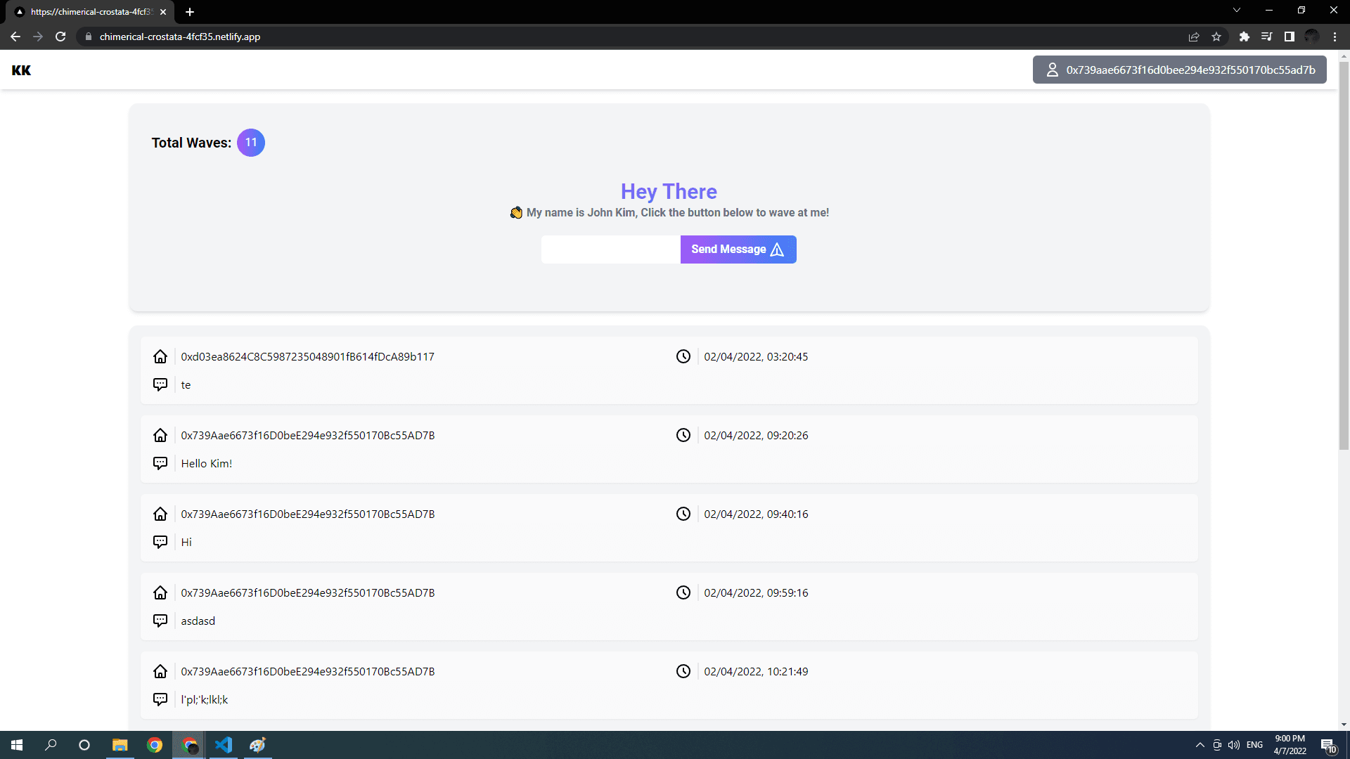 Screenshot of the Decentralized Wave Portal Application