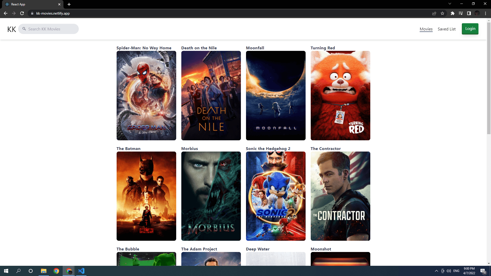 Screenshot of the landing page of the KK Movies App