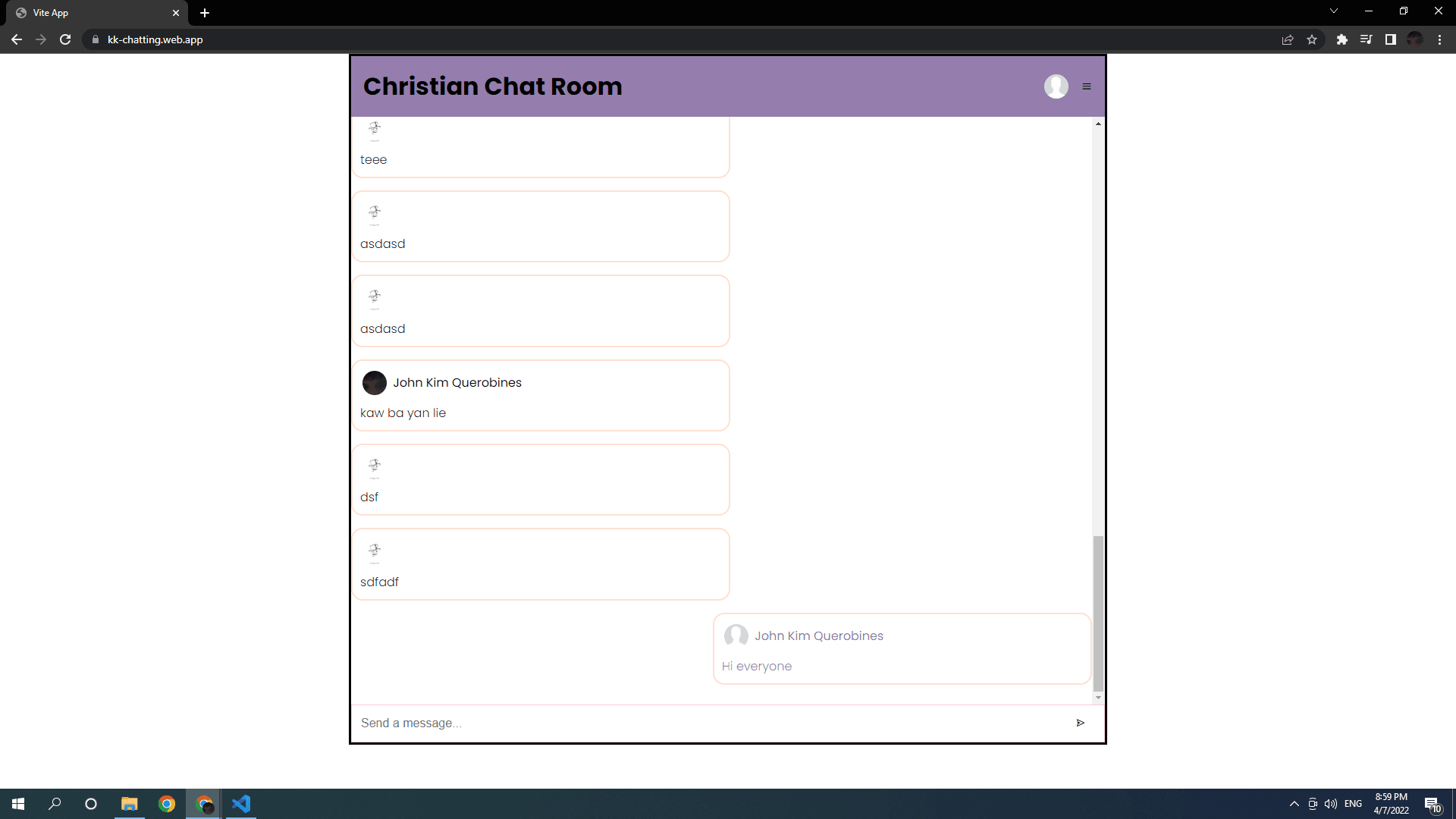 Screenshot of the KK chatting app