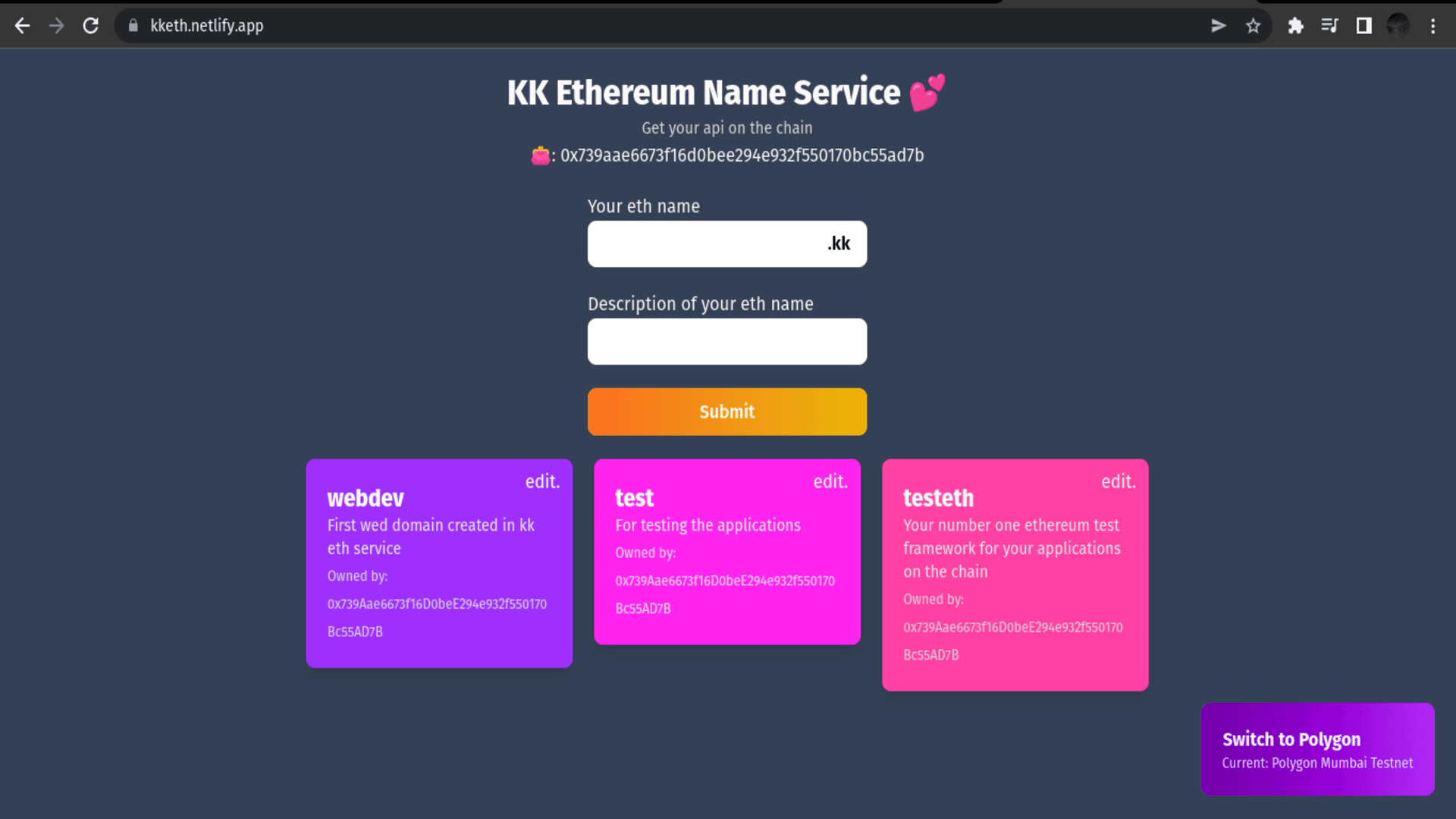 Landing page of the kk ethereum service website where you can mint your domains